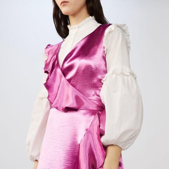 MAJE Ripple Ruffle Detail Satin Wrap Dress - Picture 3 of 9